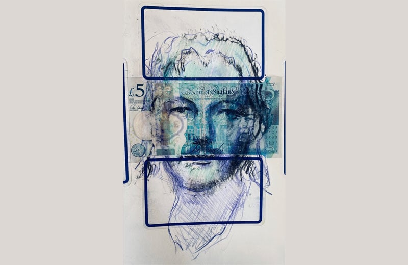 prison sketch of julian assange in triumph over uk, by shaun gladwell