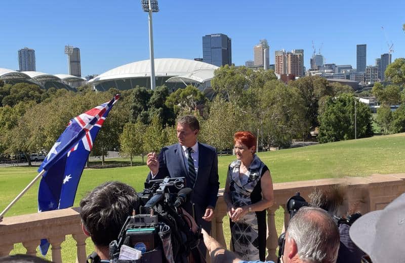 One Nation poll surge, Pauline Hanson at press conference with Cory Bernardi in Adelaide, NewsBlaze photo.